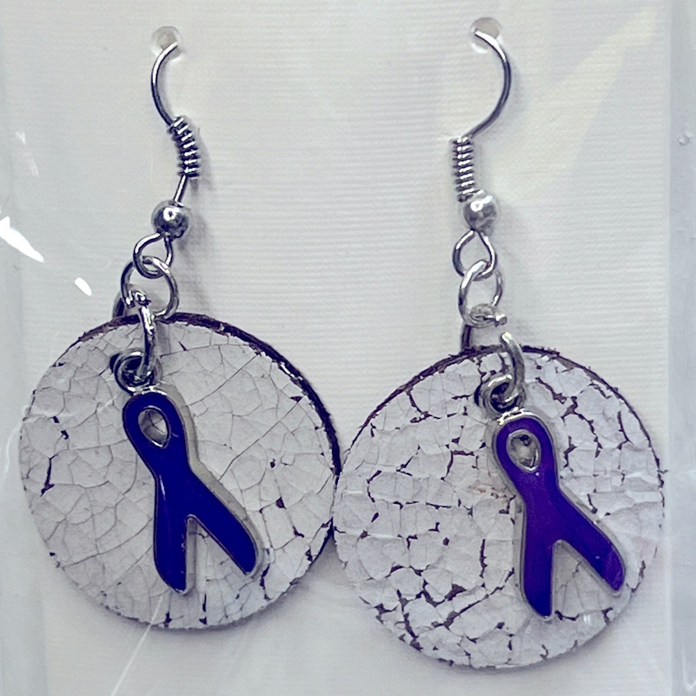 1” Round Leather and Purple ribbon charm.